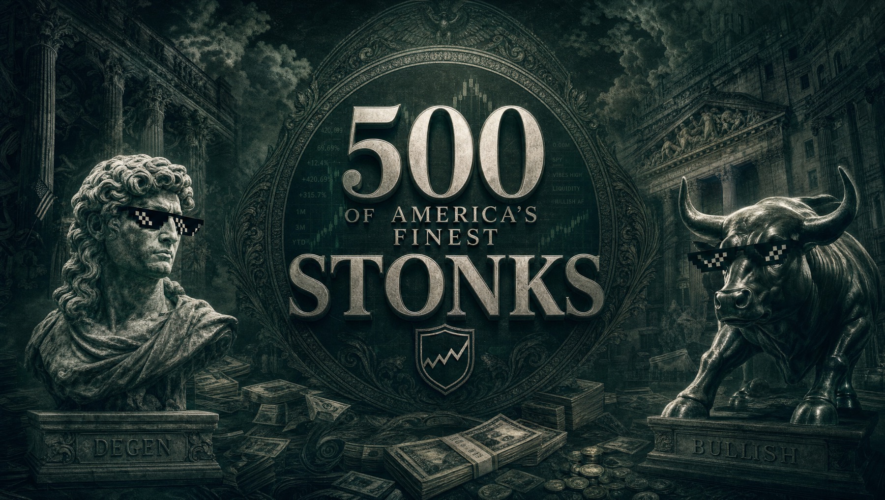 Engraved plate reading “500 of America's Finest Stonks”, flanked by a marble bust in pixel sunglasses on a plinth marked DEGEN and a charging bull on a plinth marked BULLISH.