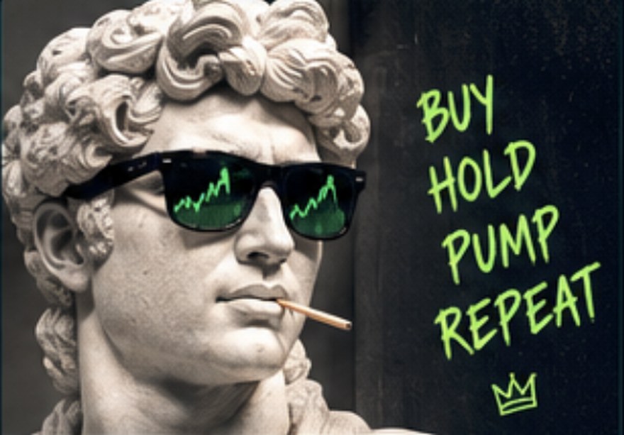 A marble bust wearing pixel sunglasses with green charts reflected in the lenses, cigarette in mouth, beside the words BUY HOLD PUMP REPEAT.