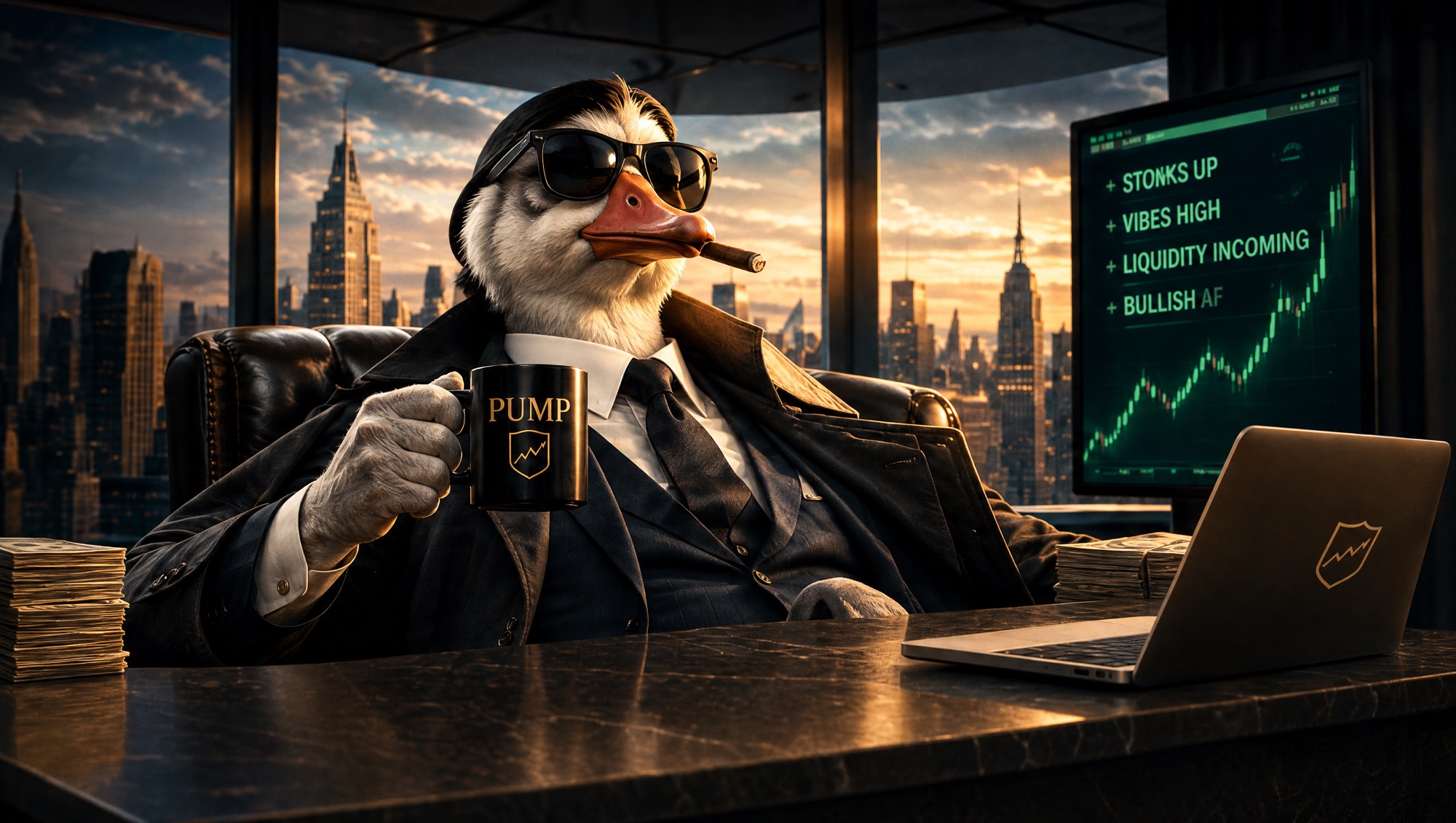 A duck in a pinstripe suit and sunglasses smoking a cigar behind a desk, holding a mug reading PUMP, with a Manhattan skyline and a rising green chart behind him.